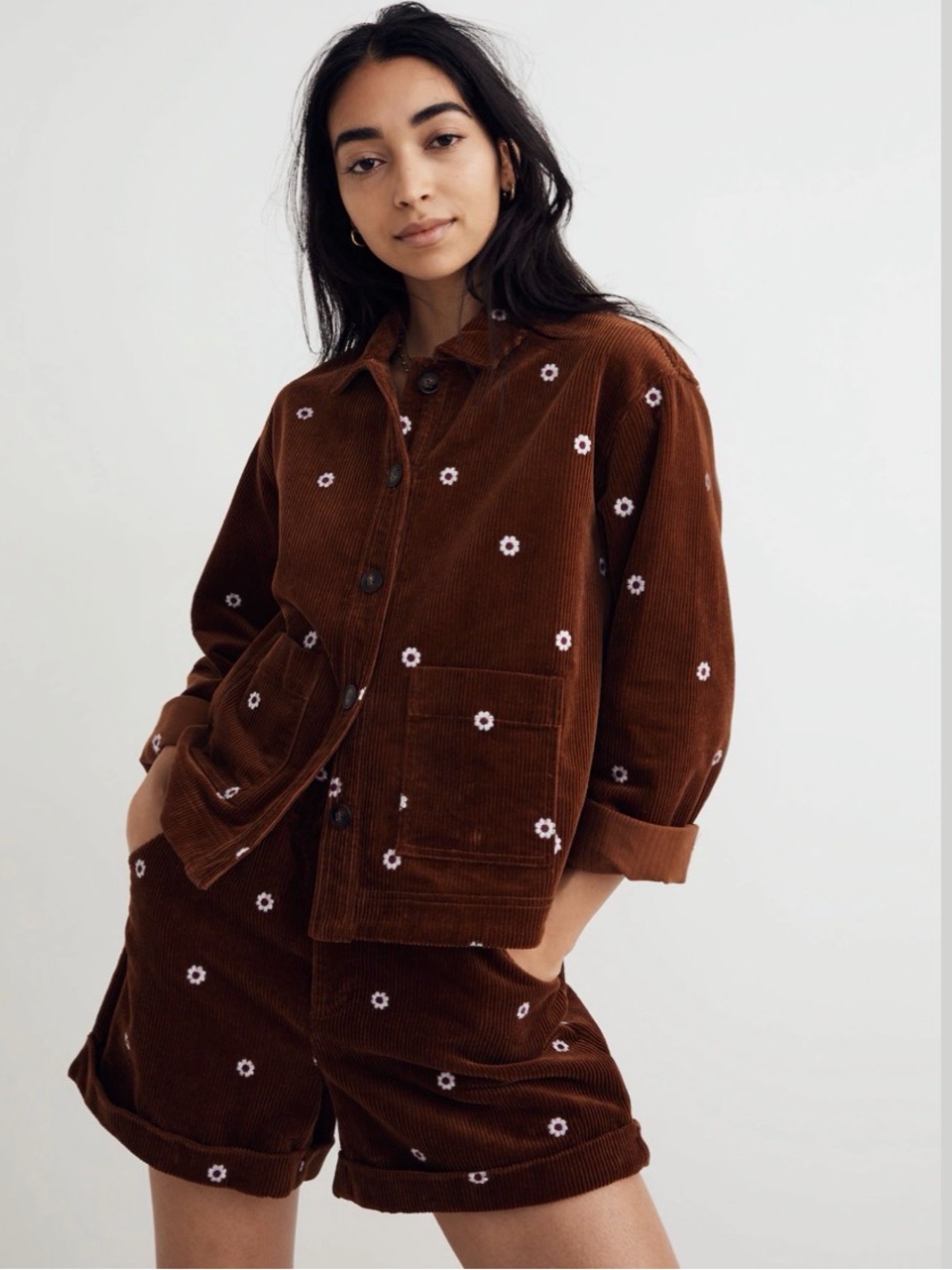 Madewell Brown Corduroy Jacket with White Daisy Embroidery